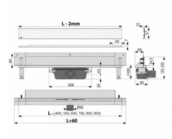 Трап-лоток 60*600 D50 монтаж в стену нержавеющая сталь