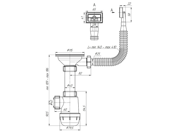 Сифон для кухни 3,5 с квадратным переливом без гофры А1045S/А4007